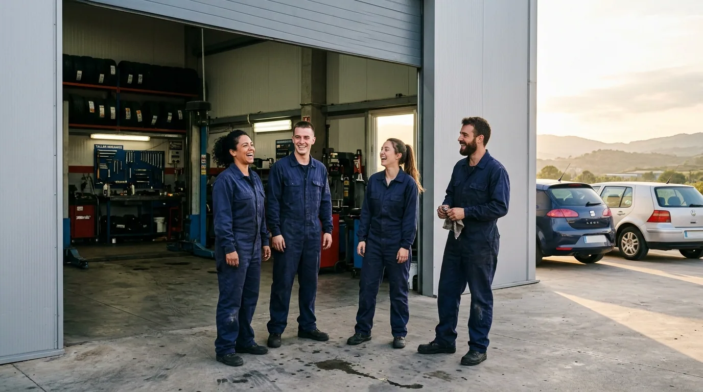 Equip jove de mecànics amb granota blava davant la porta del taller a Llinars del Vallès