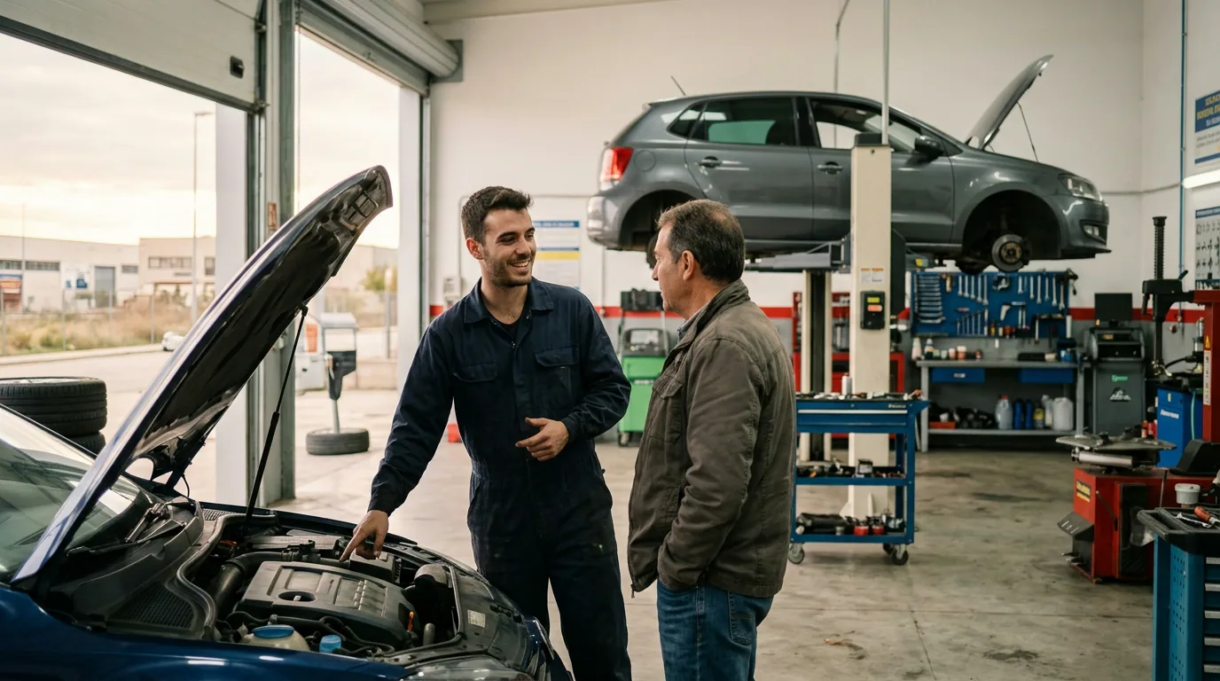 Mecànic jove de Tallers Can Bassa explicant una reparació a un client davant del motor obert