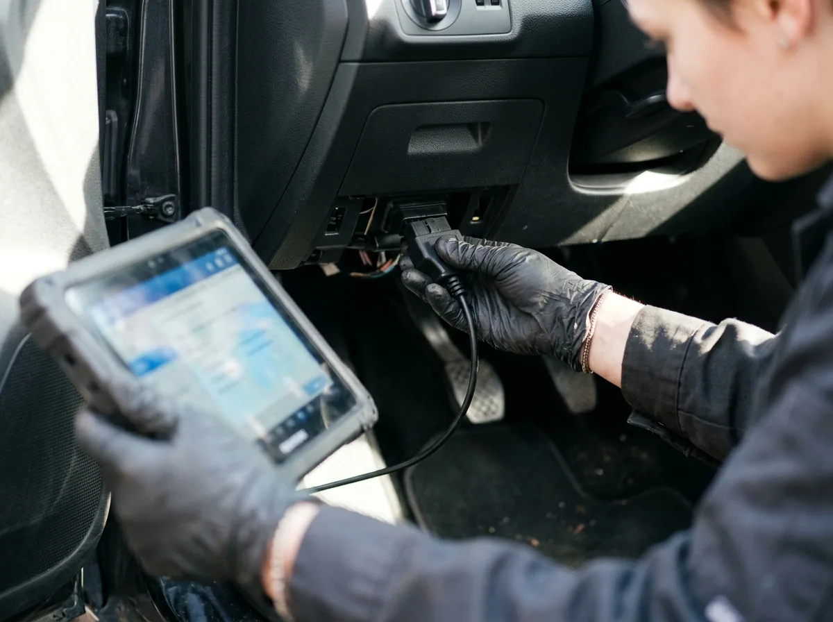 Mecànica connectant una tauleta de diagnosi electrònica a la presa OBD d'un cotxe